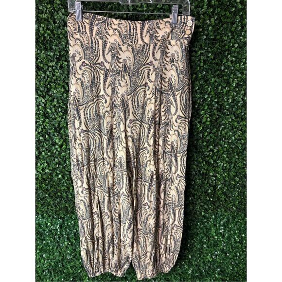 By Anthropologie Harem Pants SZ Small Beige Teal Paisley Boho Button Zip Festiva - Picture 1 of 6